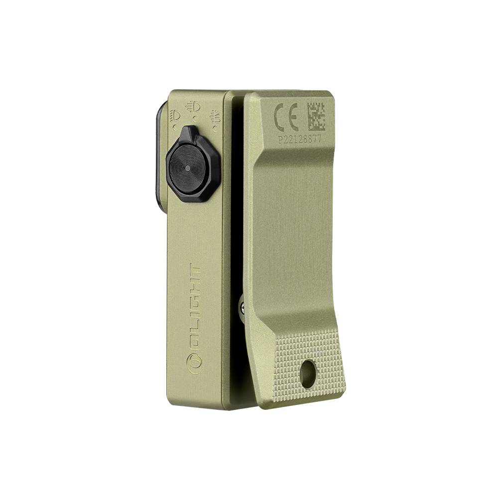 A compact, olive green clip-on flashlight with a small round switch, designed for easy attachment to clothing or gear for hands-free use.