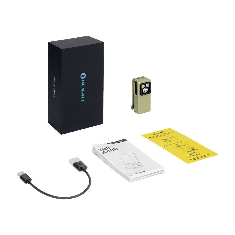 Box with 'Olight' brand, compact flashlight, USB cable, yellow user manual, and product guide laid out on a white surface.
