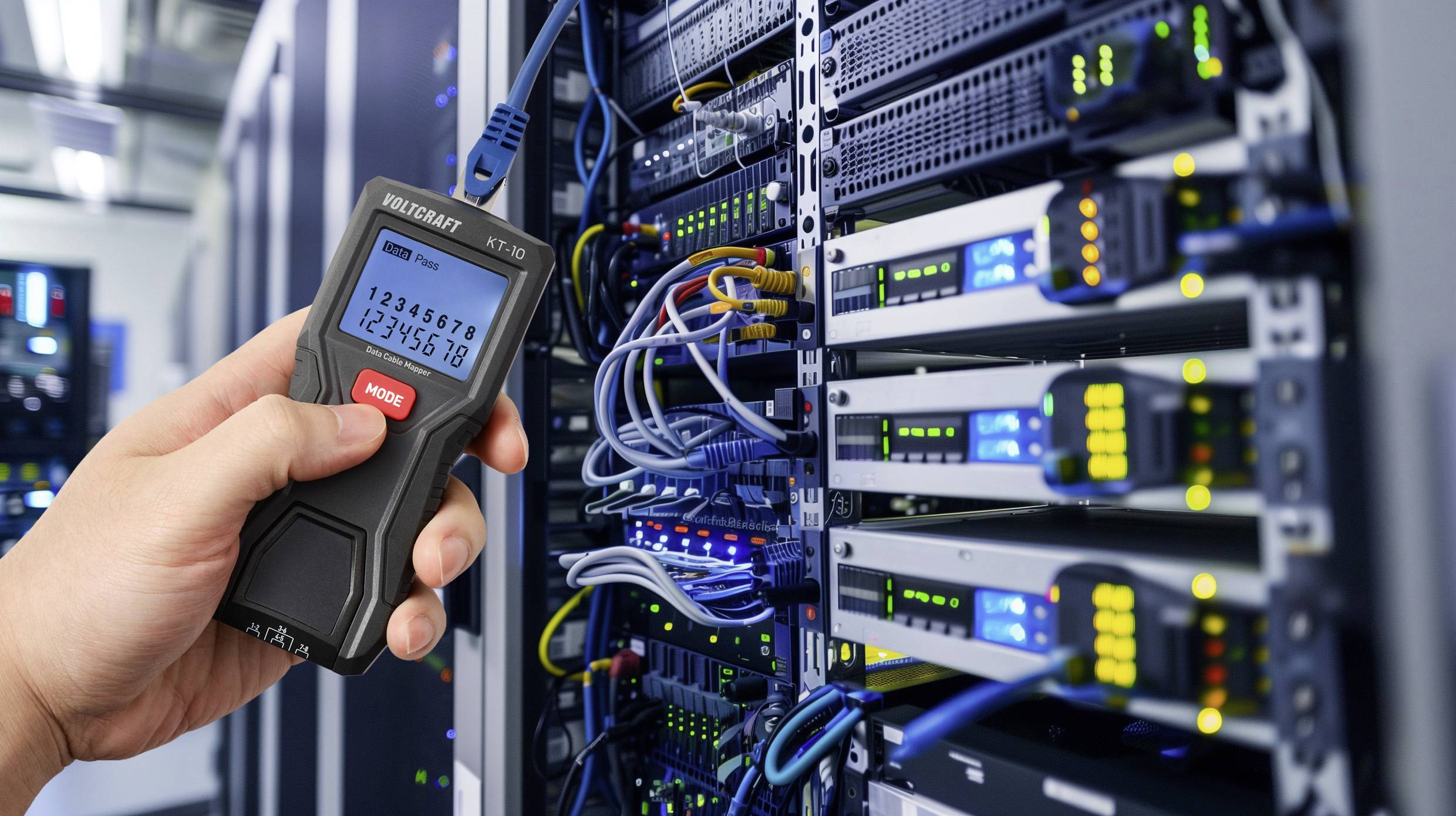 A hand holding a cable tester, checking connections in a server room. Server racks with multiple cables and LED indicators are visible.