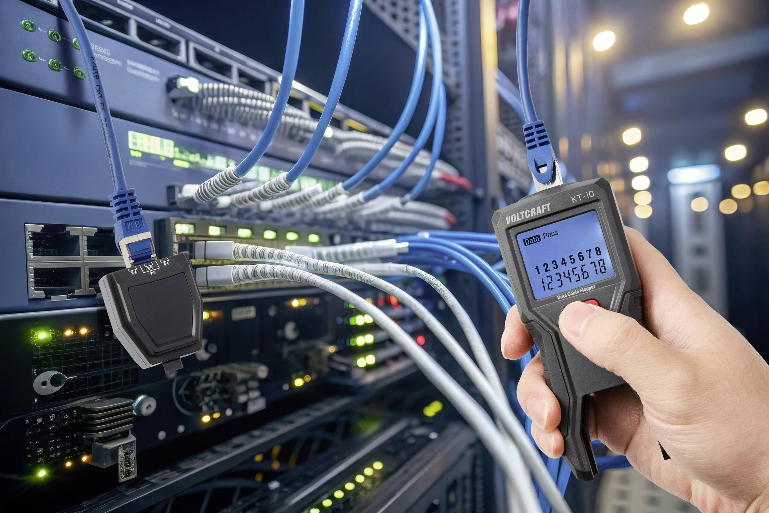 A hand testing network cables with a device in a server room, displaying numbers on the screen, indicating connectivity status.