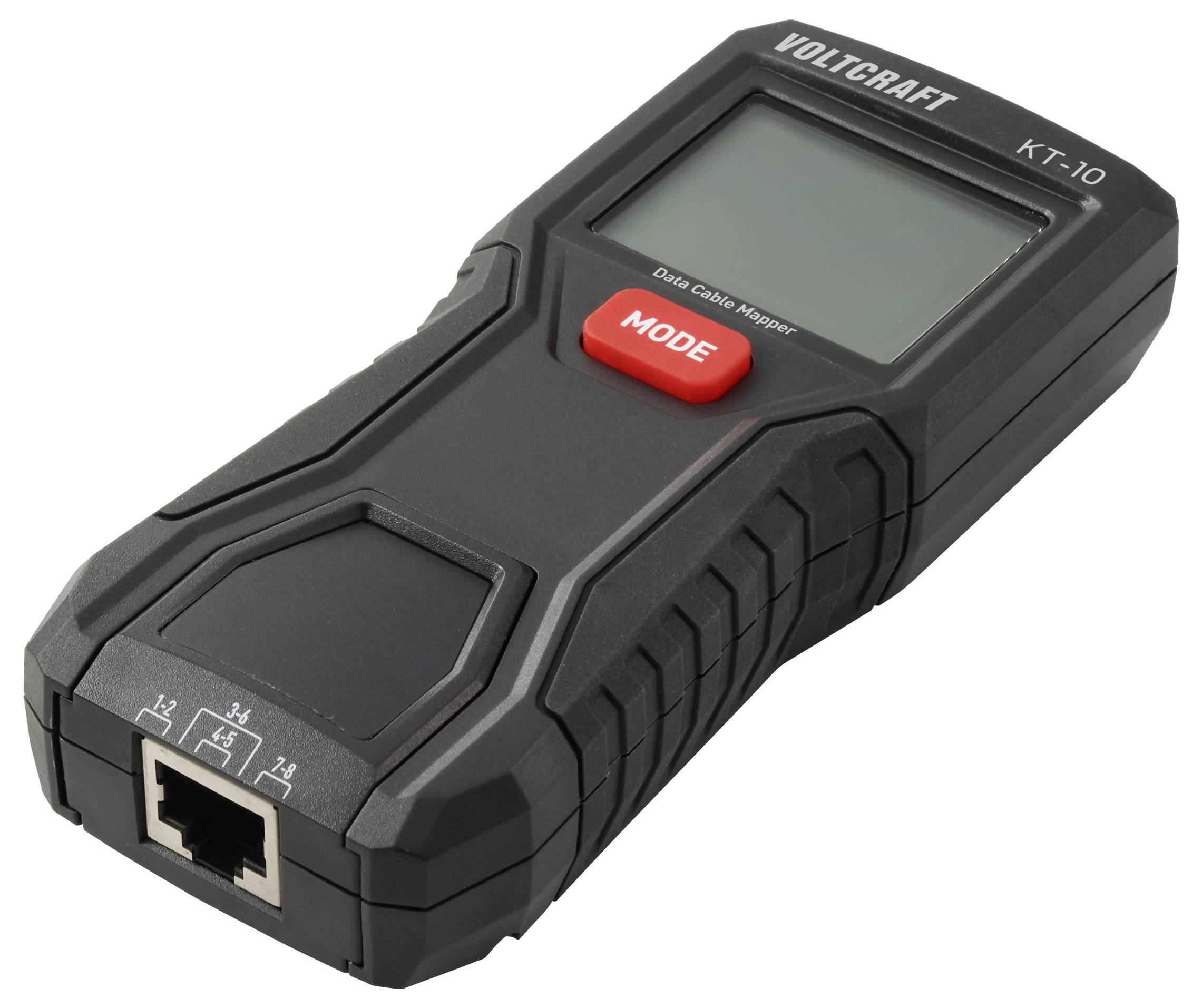 A handheld data cable mapper with a black exterior and red 'MODE' button, featuring an Ethernet port at the bottom for testing cables.