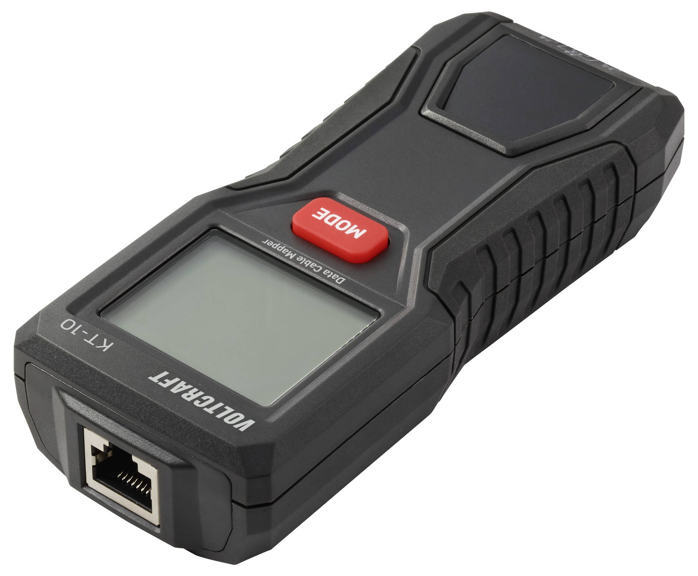 A digital tester device with a display screen and a 'MODE' button. The top has a port for a network cable connection.