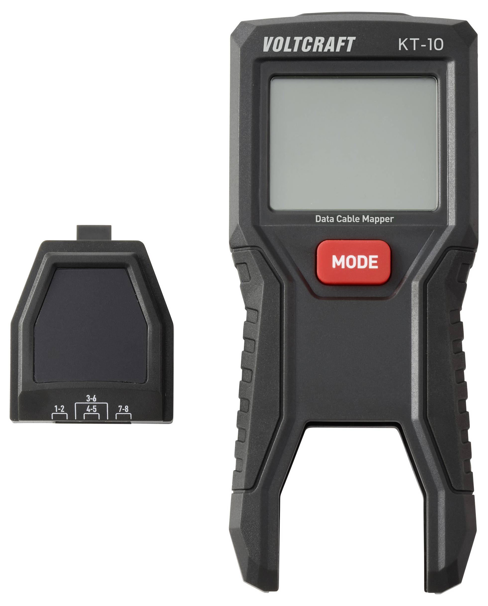 A voltcraft KT-10 cable tester with a main unit featuring an LCD screen and a red mode button, alongside a connector adapter.