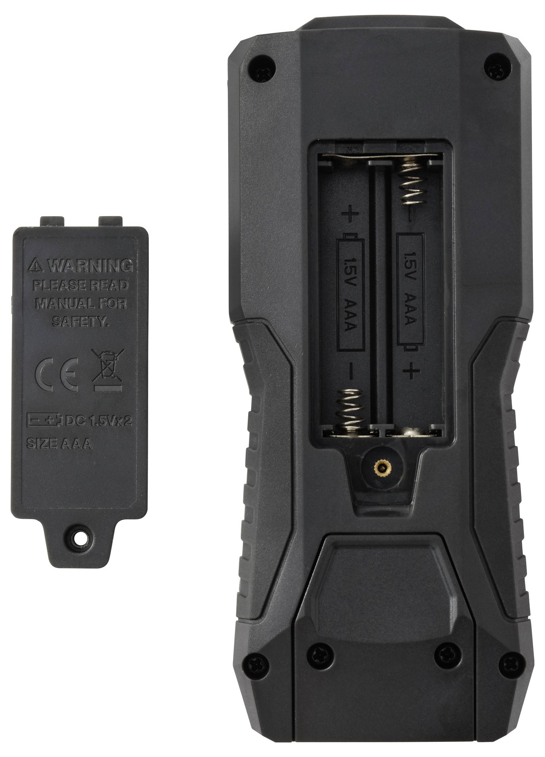 A close-up image of the back of an electronic device showing the battery compartment with slots for two AAA batteries, and the cover removed, exposing safety instructions.