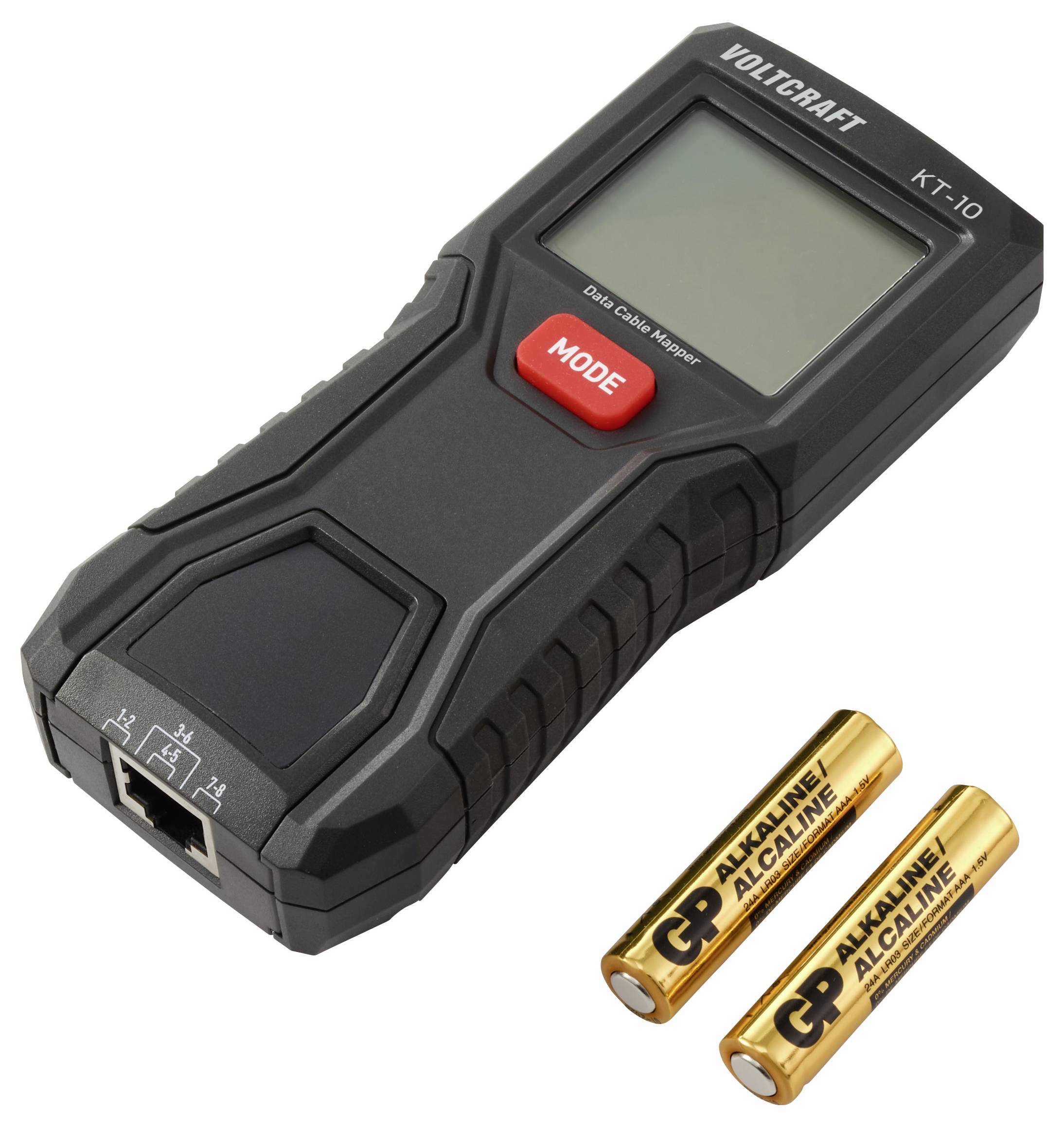 A digital data cable manager labeled 'VOLTCARFT KT-10' with a 'MODE' button and a screen, placed beside two alkaline batteries.