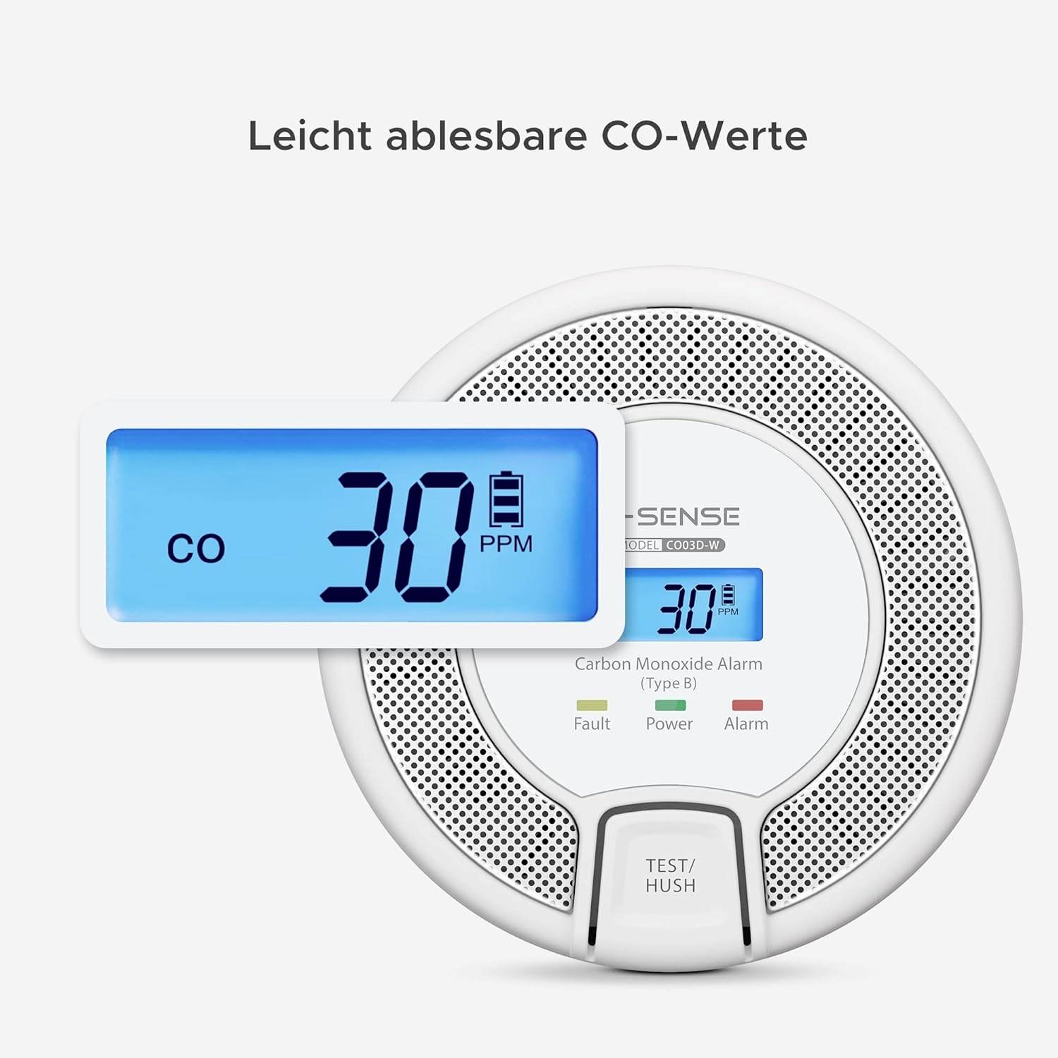 Carbon monoxide detector with digital display, showing 'CO 30 PPM'. Text: 'Easily readable CO values'. Device has test/mute button.