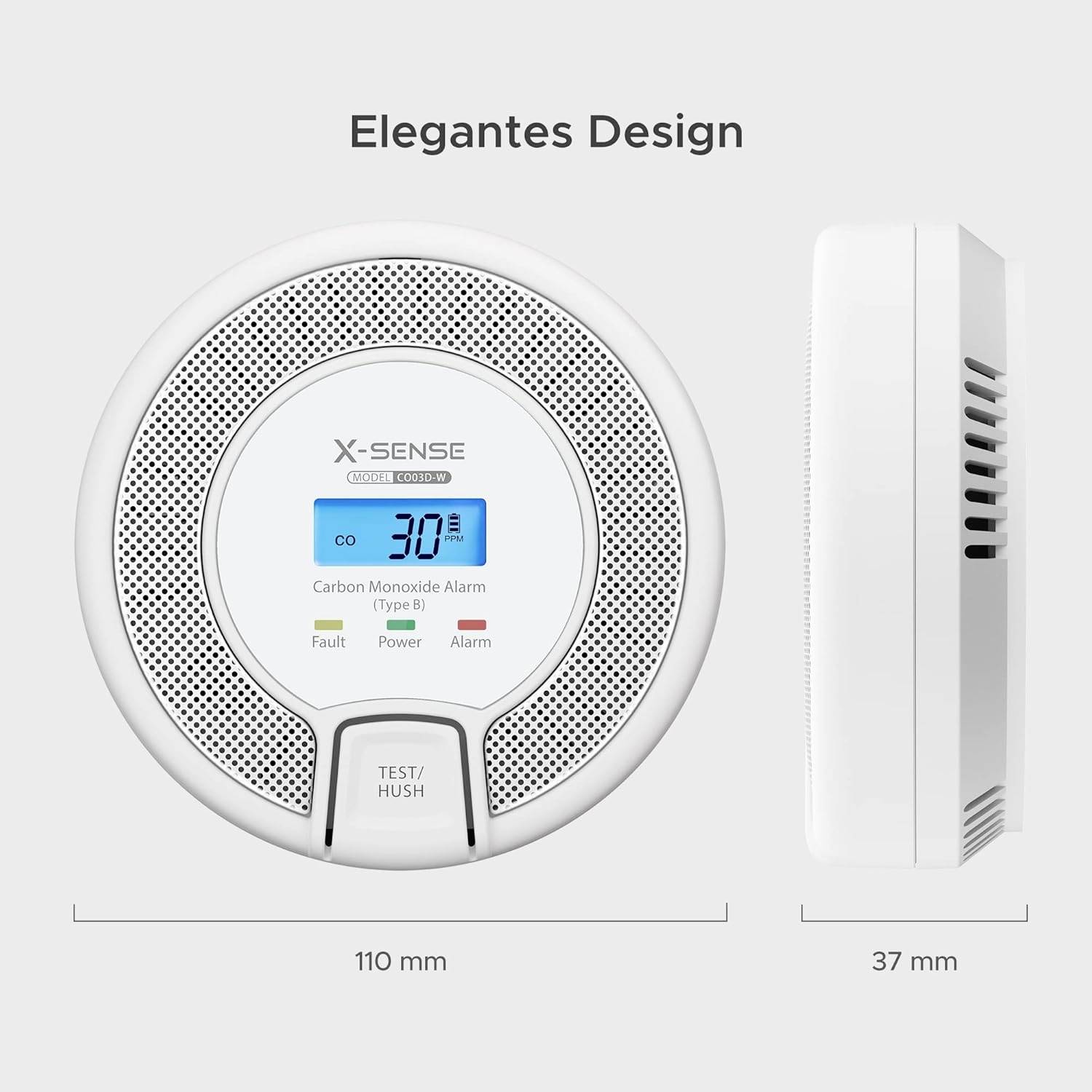 Round carbon monoxide alarm with digital display showing '30 PPM'. Elegant design, dimensions 110 x 37 mm. Brand name 'X-SENSE'.