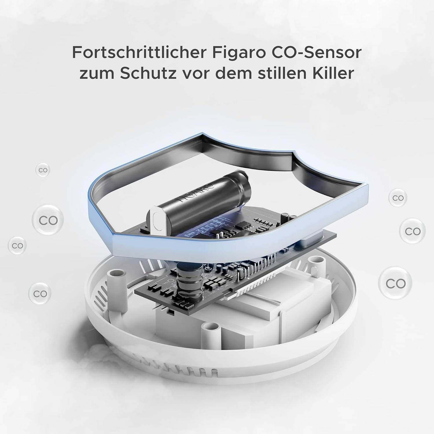 'Advanced Figaro Carbon Monoxide Sensor to Protect Against the Silent Killer.' An illustration of the inner workings of a CO sensor.