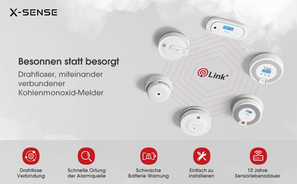 Wireless, interconnected carbon monoxide detectors from X-Sense with 10-year sensor lifespan. Rapid alarm notification, easy installation.