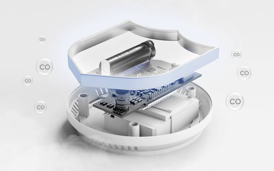 Exploded view of a smoke detector with layers containing a battery, circuit board, and casing, surrounded by floating 'CO' labels.