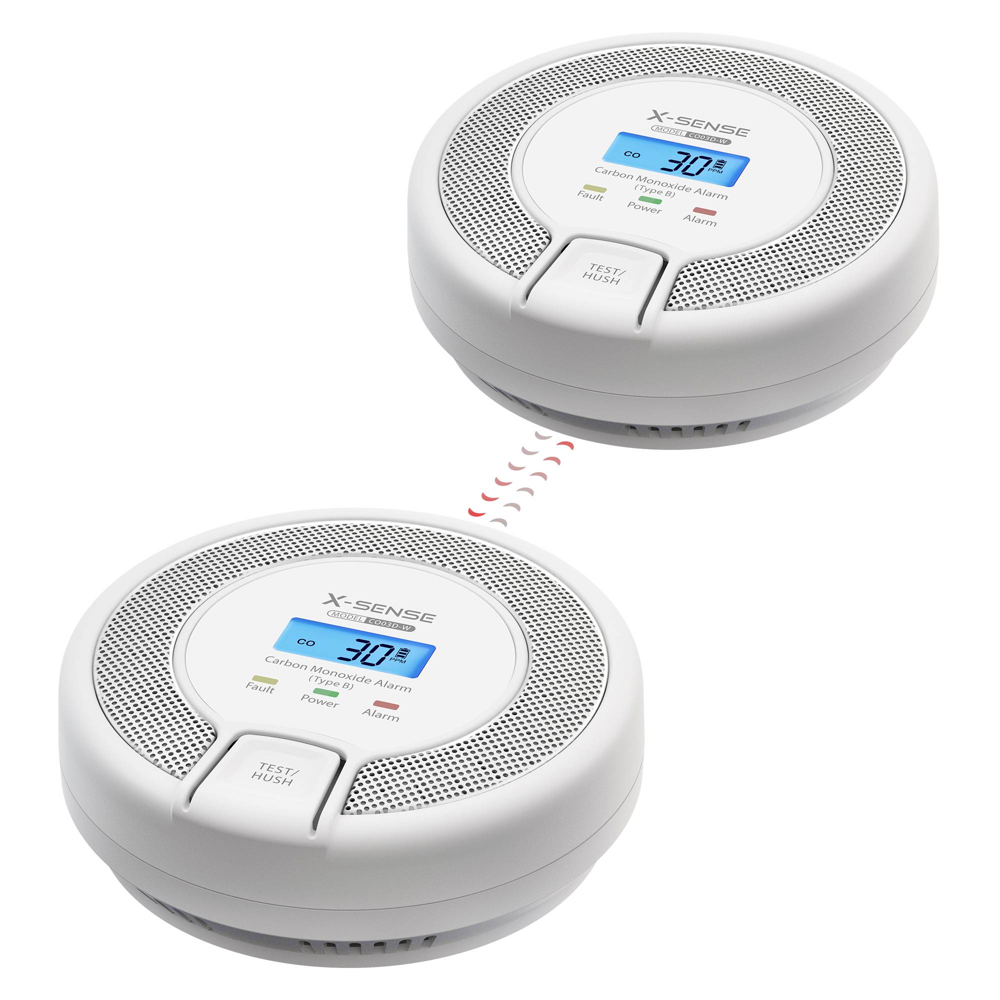 CO and smoke alarms with digital LCDs display '30 PPM' CO level. Indicator lights for power, fault, and alarm. Wireless connection shown.