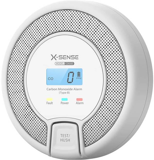 Carbon monoxide alarm displaying '0 PPM' on the digital screen, indicating no detected gas. Buttons for test and hush are visible below.