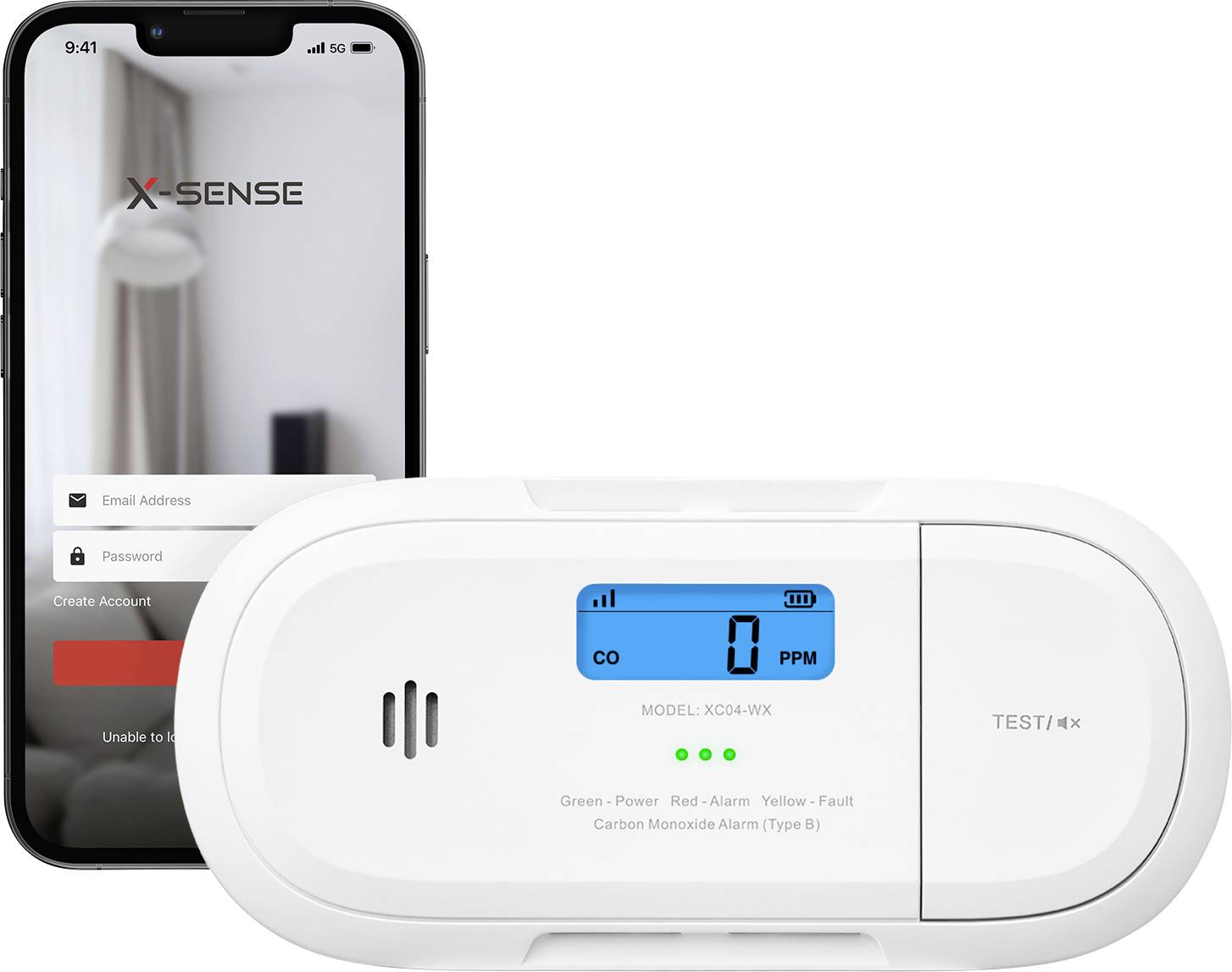 A smartphone screen shows a login page next to a digital carbon monoxide alarm displaying '0 PPM'.