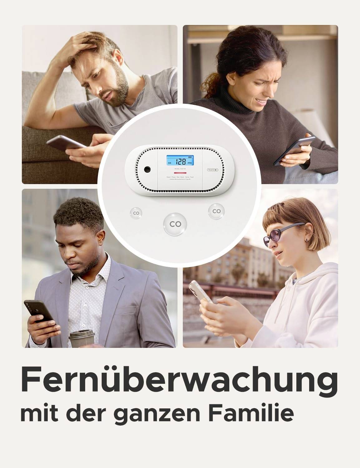 Four people looking at smartphones, with a carbon monoxide detector in the middle. Text: 'Remote monitoring with the whole family'.