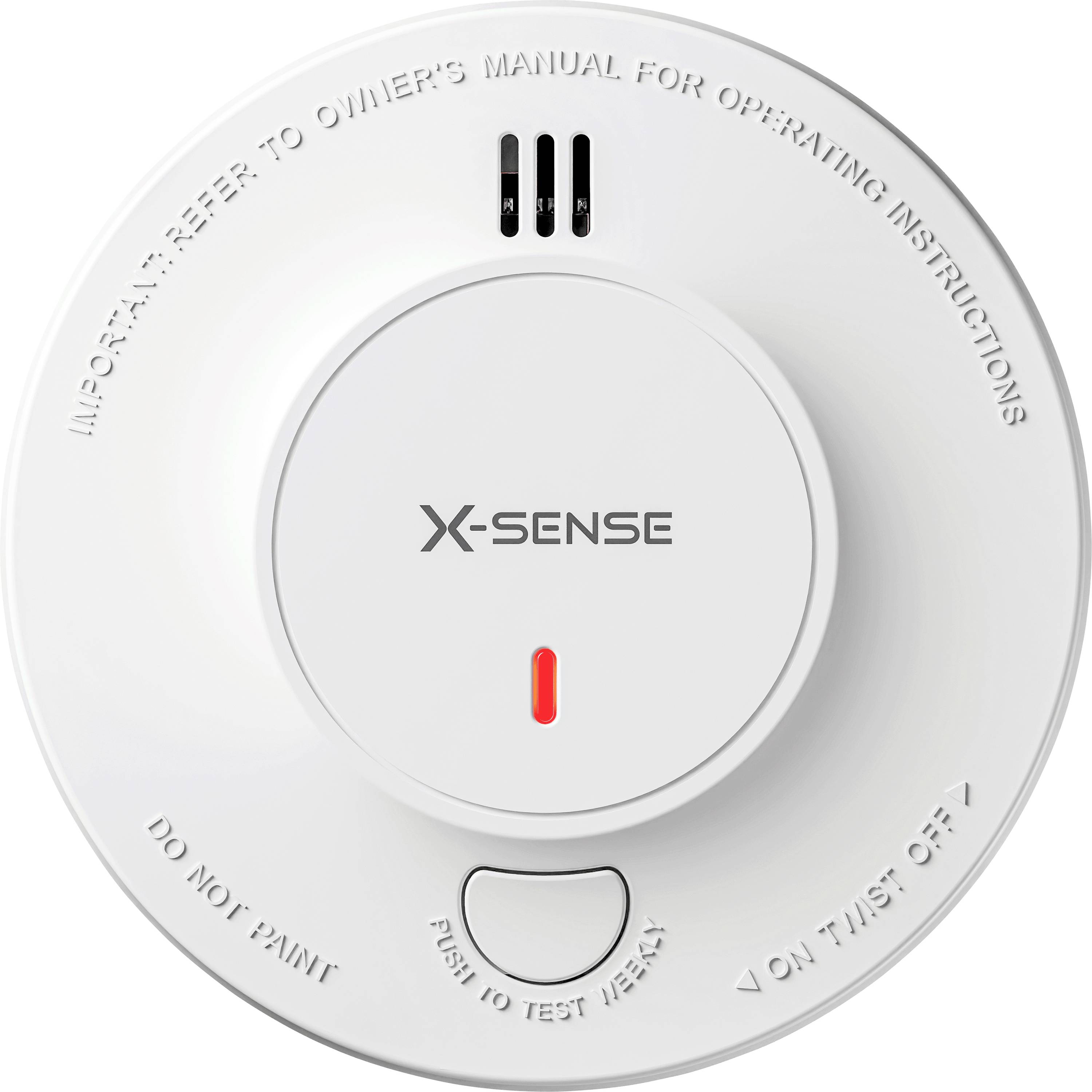 A round smoke detector with the text 'X-Sense' in the center, a red indicator, test button, and instructions to refer to the owner's manual.