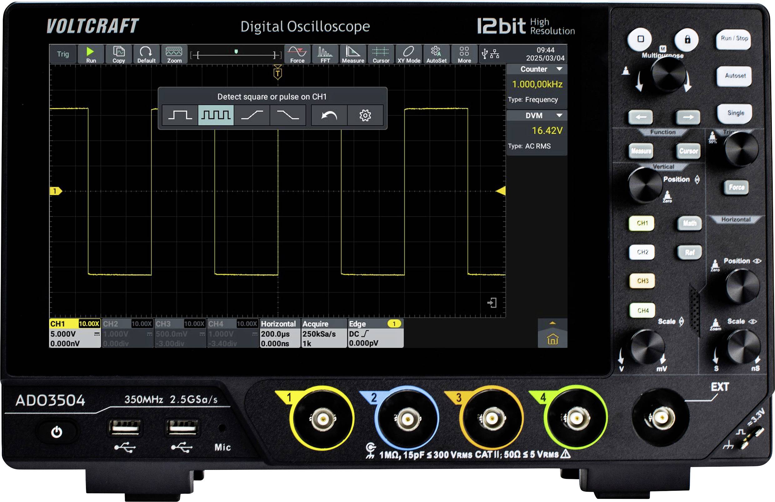 A digital oscilloscope displaying waveforms on a screen with control buttons on the side. Various input channels and measurements are shown.