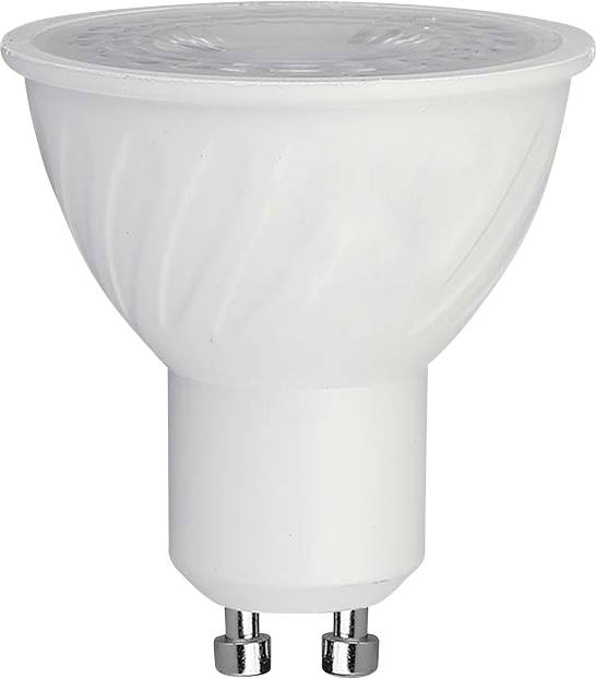 A white LED light bulb with a GU10 base, designed for energy efficiency, shown against a white background.