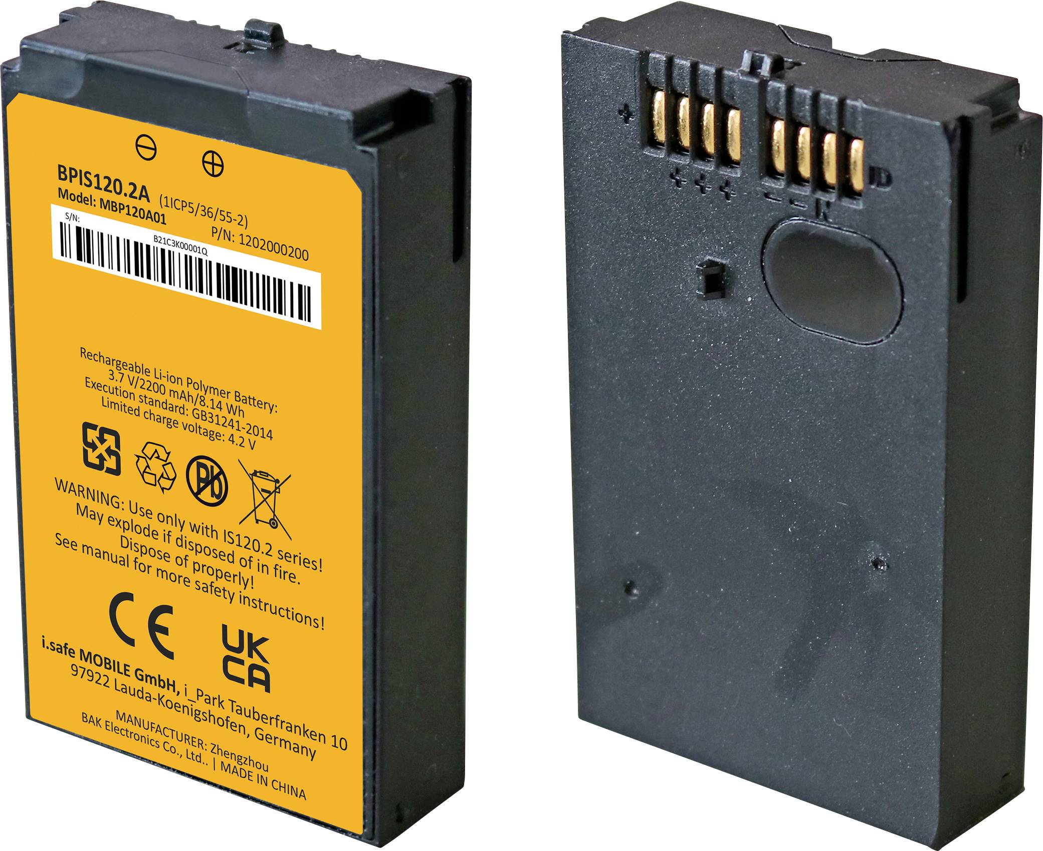 Two views of a rechargeable lithium-ion battery; the front shows specifications and warnings, the back displays connector pins.