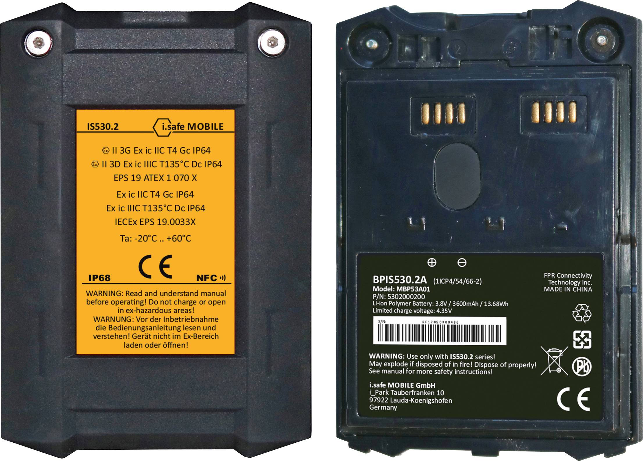 The image shows the back of an i.safe MOBILE device with model and certification details. Key features include IP68 rating and certifications for hazardous environments.