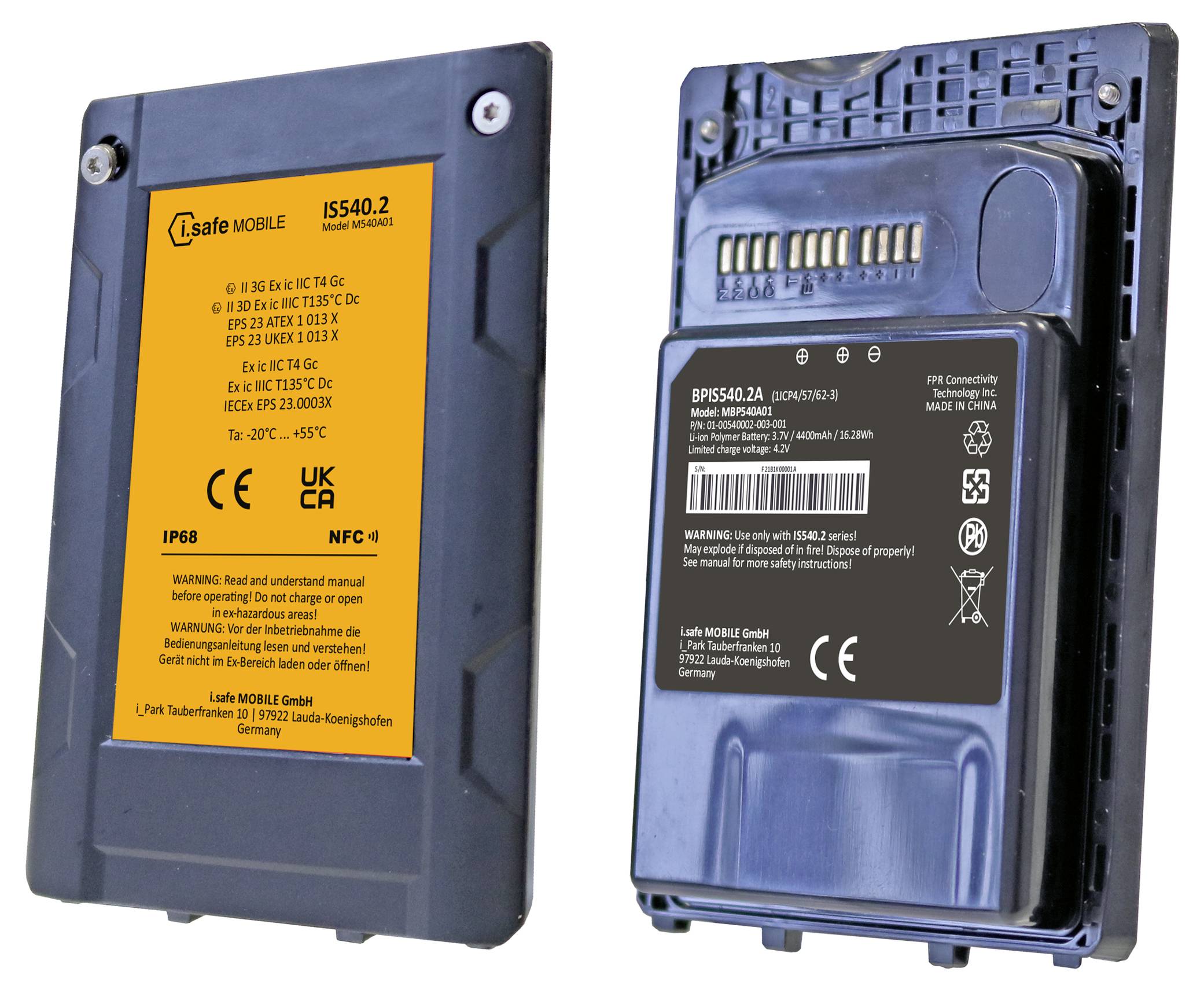 Two rugged electronic devices side by side, both featuring yellow and black labels with technical specifications and safety certifications.