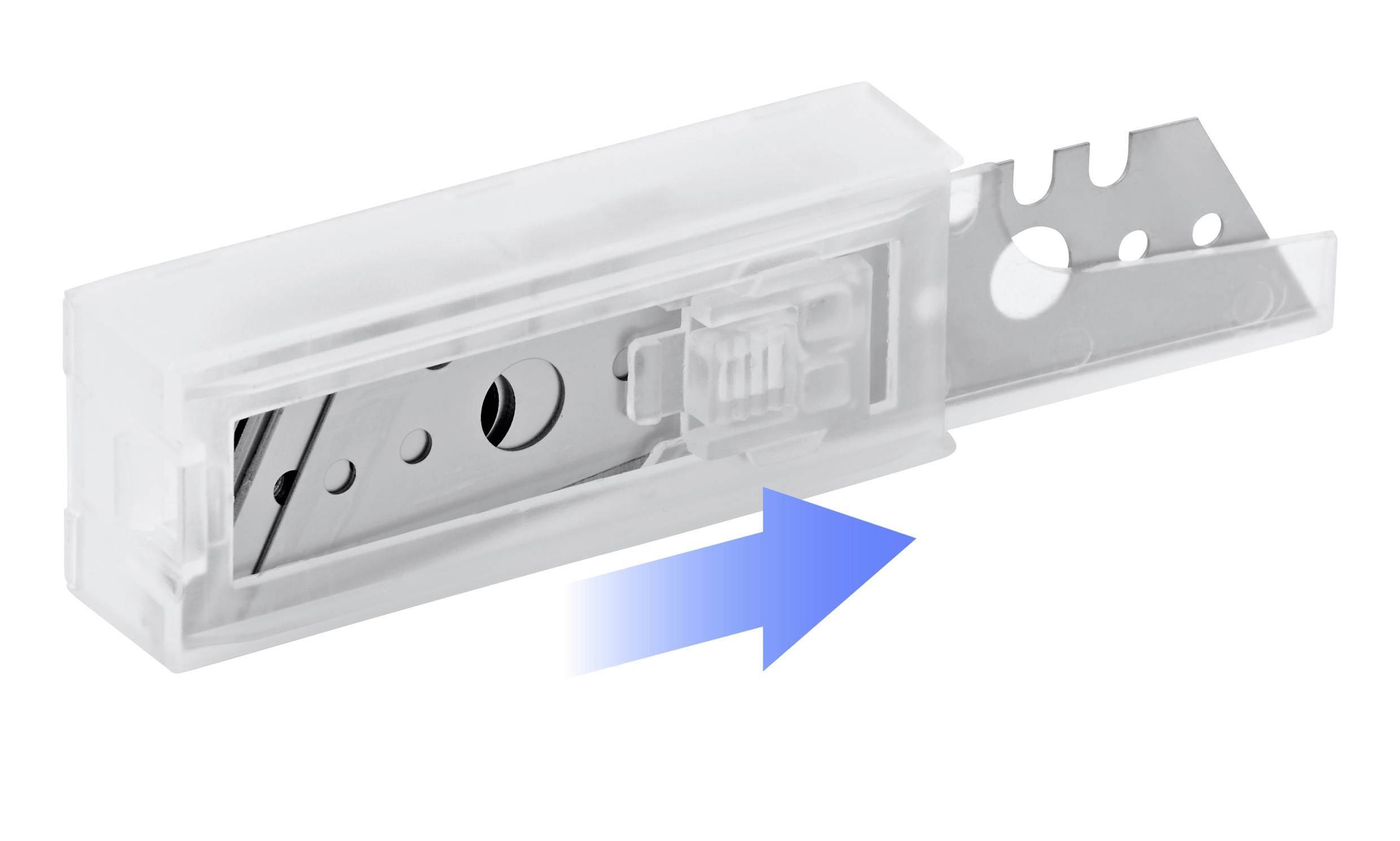 A translucent white plastic case containing a metal blade with notched edges is partially extended to the right, indicated by a blue arrow.