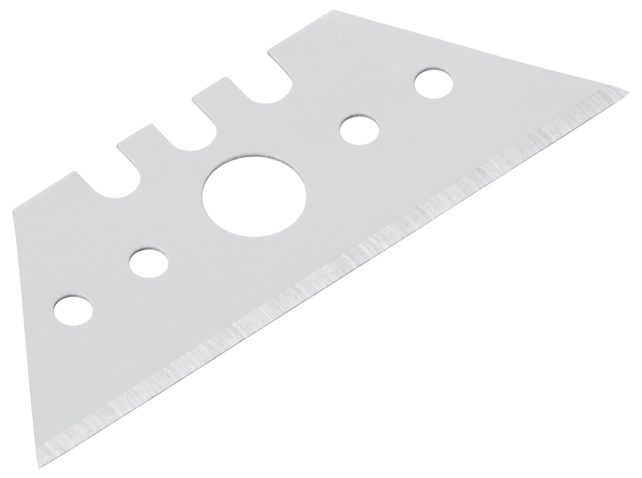 A silver utility knife blade with a sharp edge and four circular holes near the top.