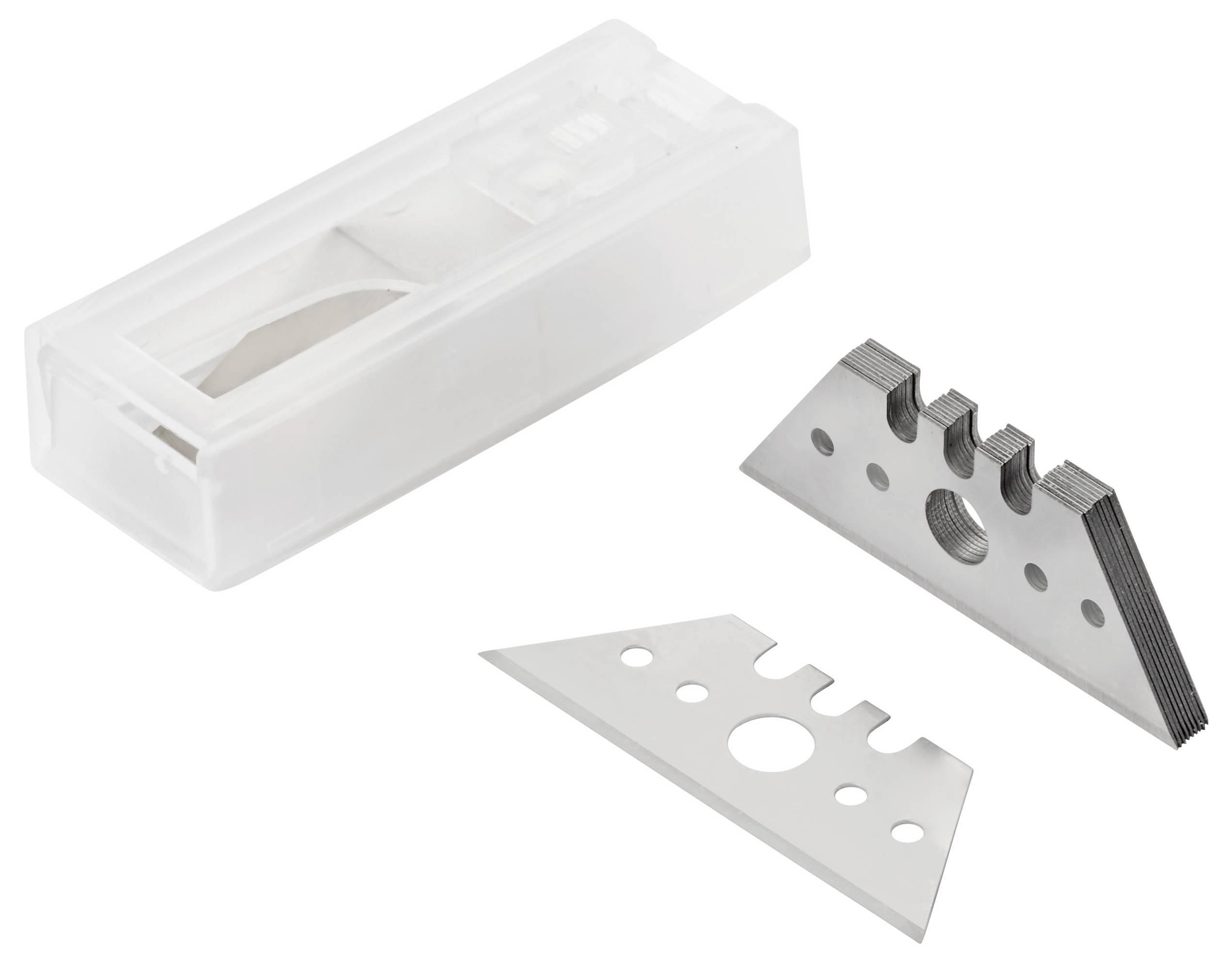 A stack of trapezoidal utility blades with notches and hole, next to an empty white plastic storage case.