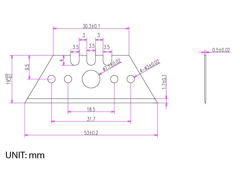 Design schematic of a metal part with precise measurements in millimeters, displaying multiple holes and a side view for thickness.
