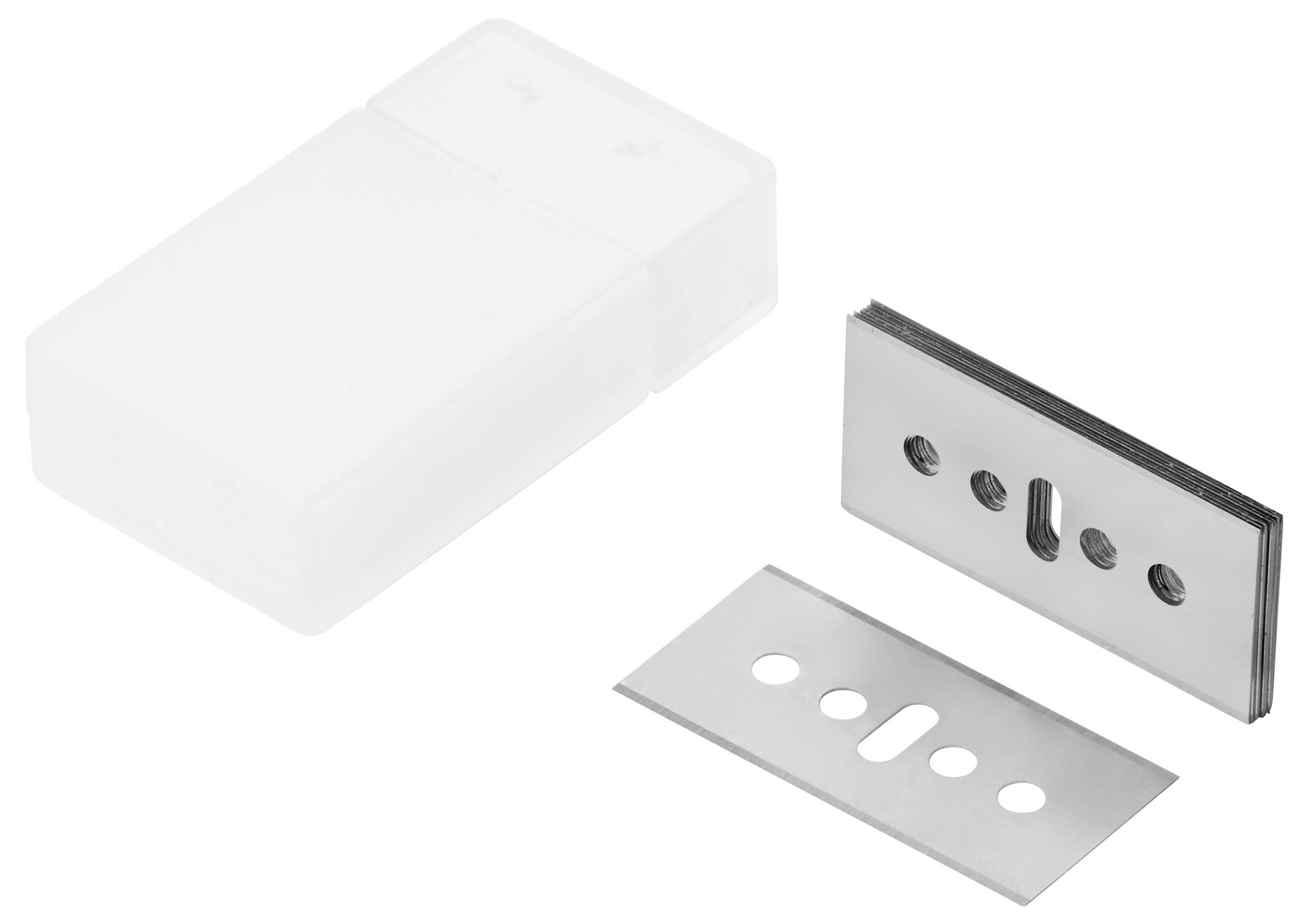 A white plastic box next to three metal razor blades, one blade with five holes, showing their design and storage container.