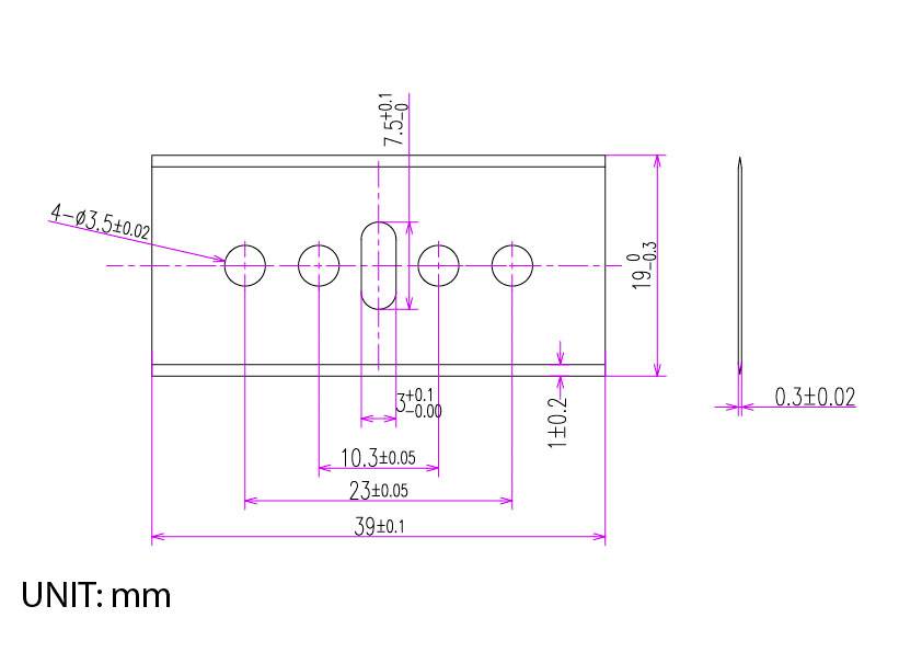 Technical drawing of a rectangular component with four holes on one side and detailed measurements in millimeters indicated in pink.