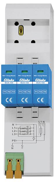 Electric surge protection device with three blue modules labeled 'T1', 'T2', 'T3'. Diagram with connection details below modules.