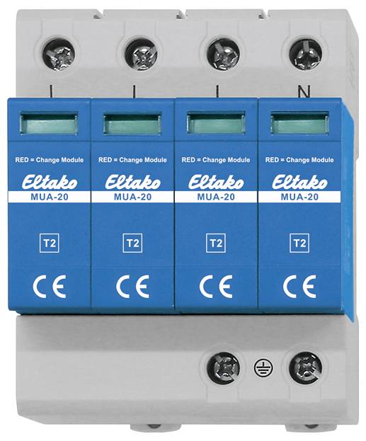 A surge protection device with four blue modules, labeled 'Eltako MUA-20 T2', attached to a gray base with visible screw connections.