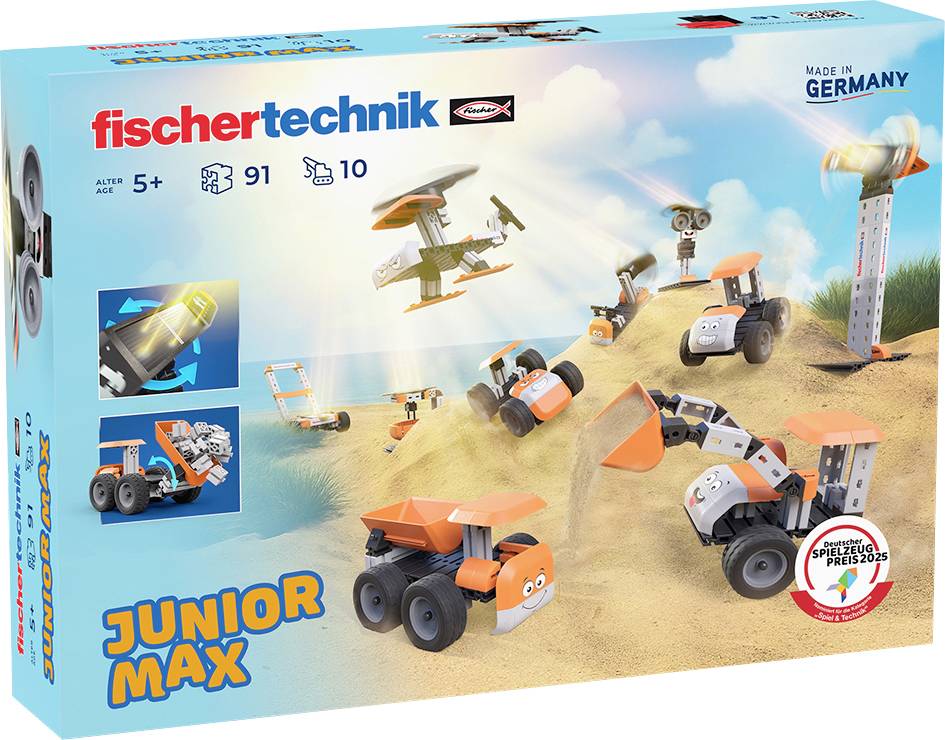 'Junior Max' building set box showing toy vehicles, recommended for ages 5+, includes 91 parts. Made in Germany.