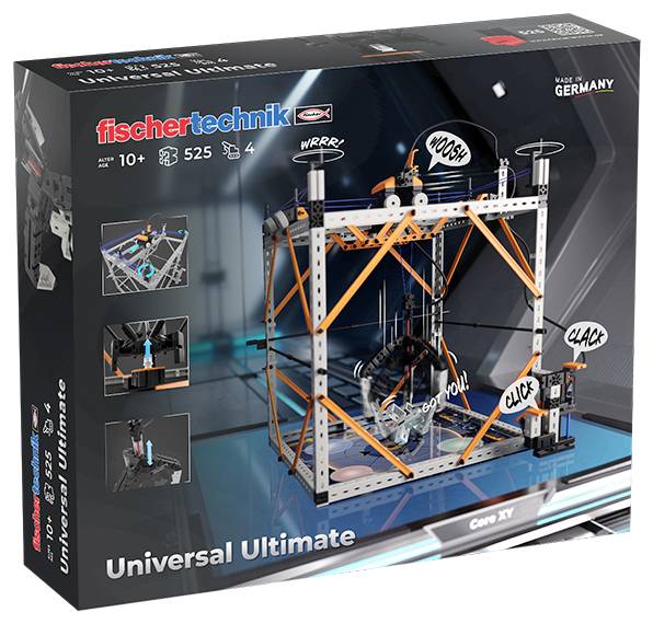 'Fischertechnik Universal Ultimate: Core XV' toy set box for ages 10+, 525 pieces. Features image of a mechanical build with action sounds.