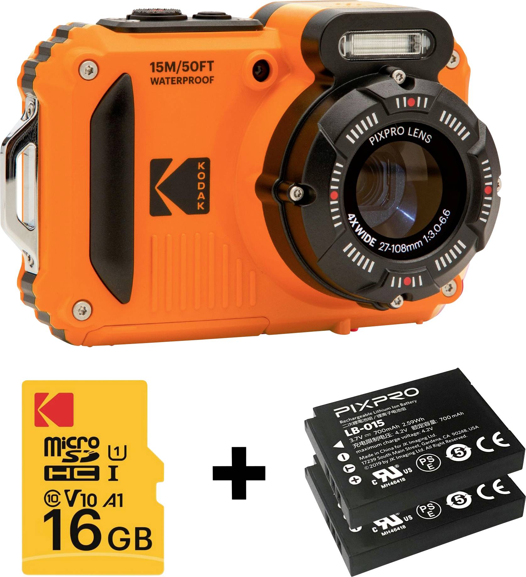 Orange waterproof digital camera with a lens, accompanied by a 16GB microSD card and additional batteries, suitable for underwater photography.