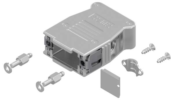 A disassembled D-sub connector cover with screws and a metal bracket laid out, showing components including the shell, bolts, and screws.