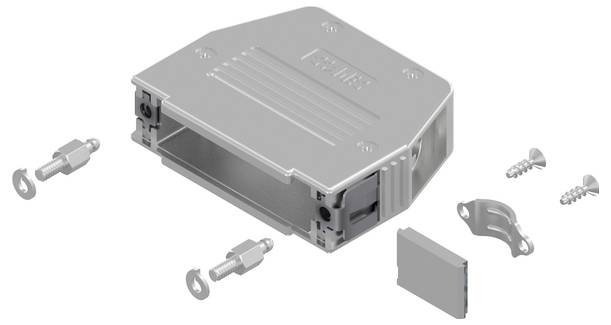 Metal enclosure kit with components including screws, cable clamps, and a cover.