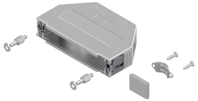 Rectangular, metal electrical component enclosure, with mounting screws and connectors shown beside it.