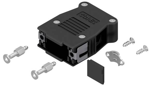A black rectangular connector case with screws and a metal clip. Parts are arranged separately for assembly.