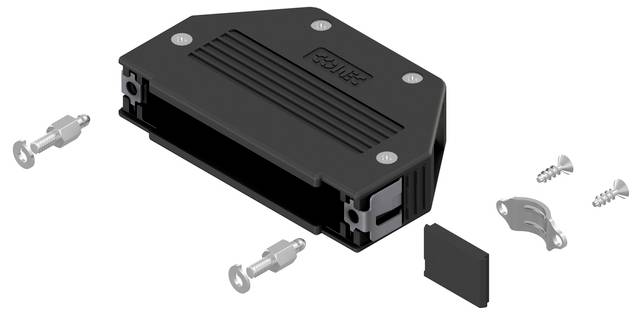 A black, rectangular connector housing with a hinged cover is shown, along with screws and two metal pins set aside for assembly.