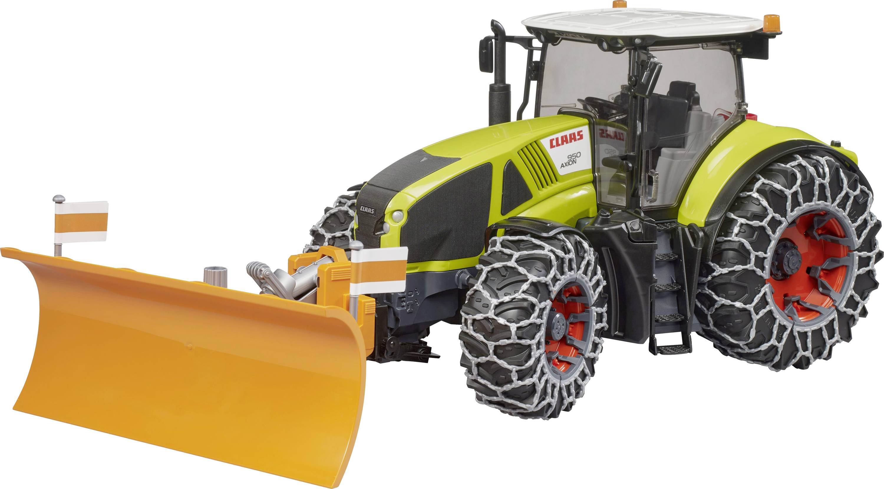 A toy tractor with snow chains on its tires features a large orange snowplow attachment on the front, designed for clearing snow.