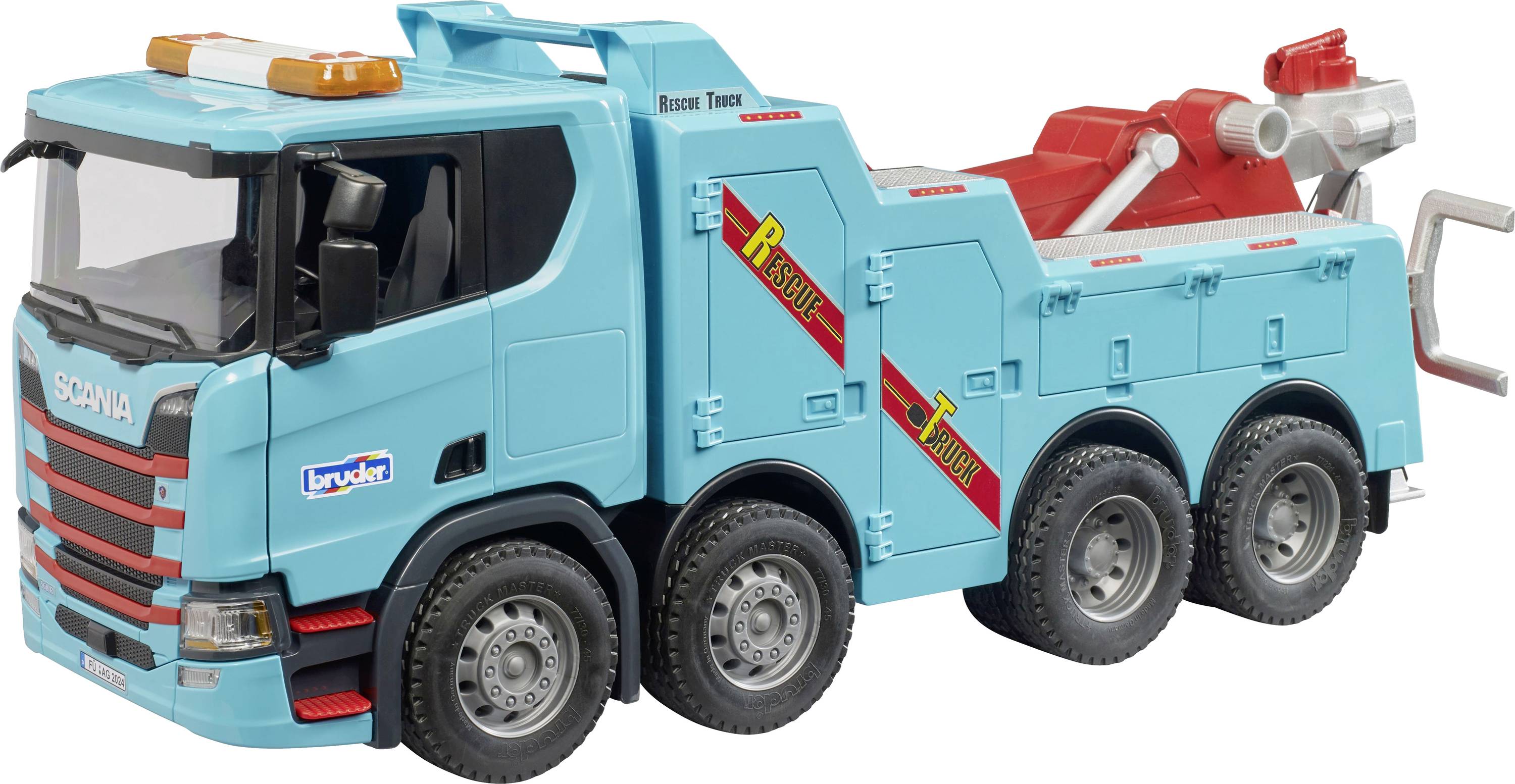 A blue toy tow truck with multiple wheels, a crane arm, and 'Rescue' text on the side.