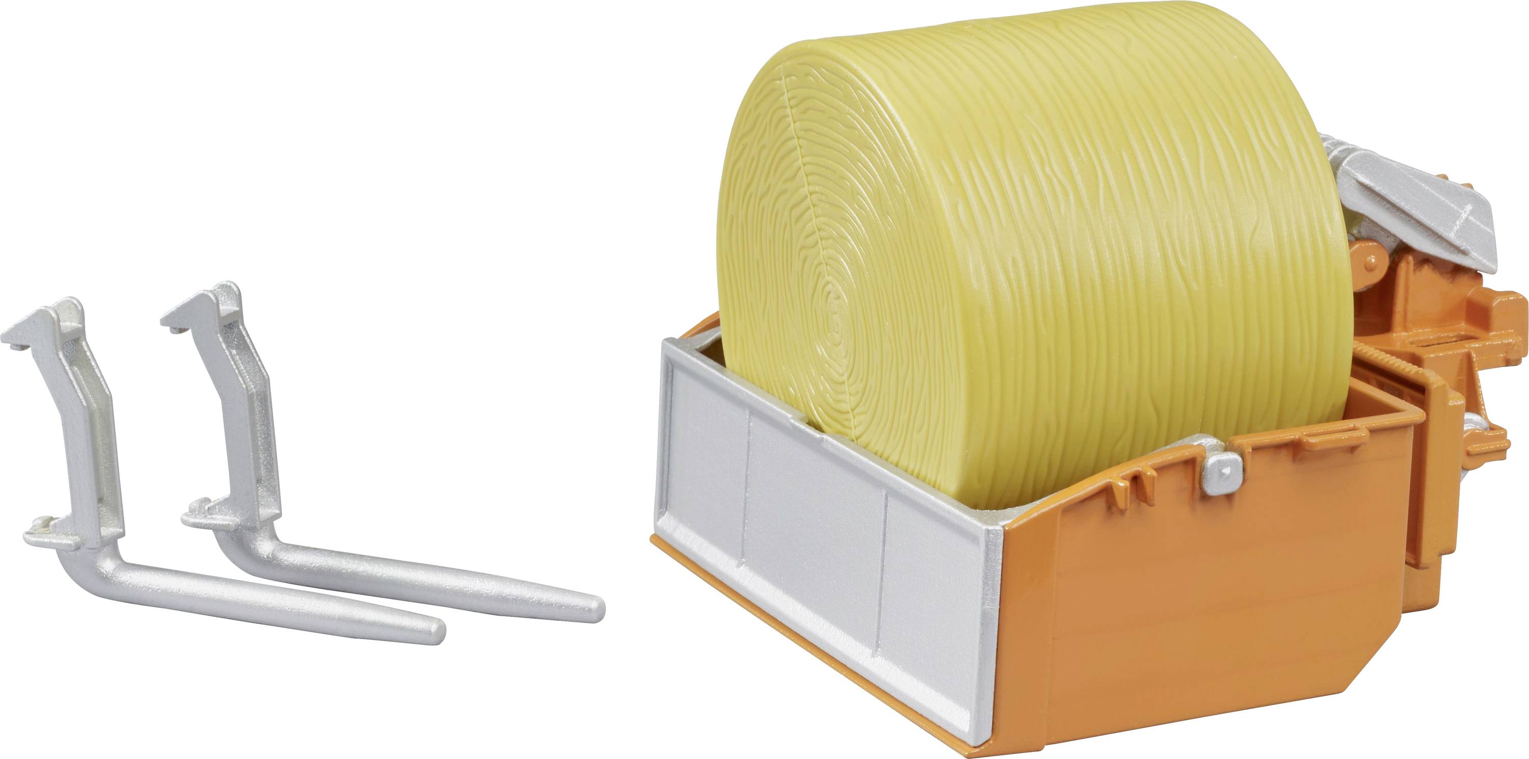An orange latching grabber with a large yellow roll inside, and two unattached silver prongs on the left side.