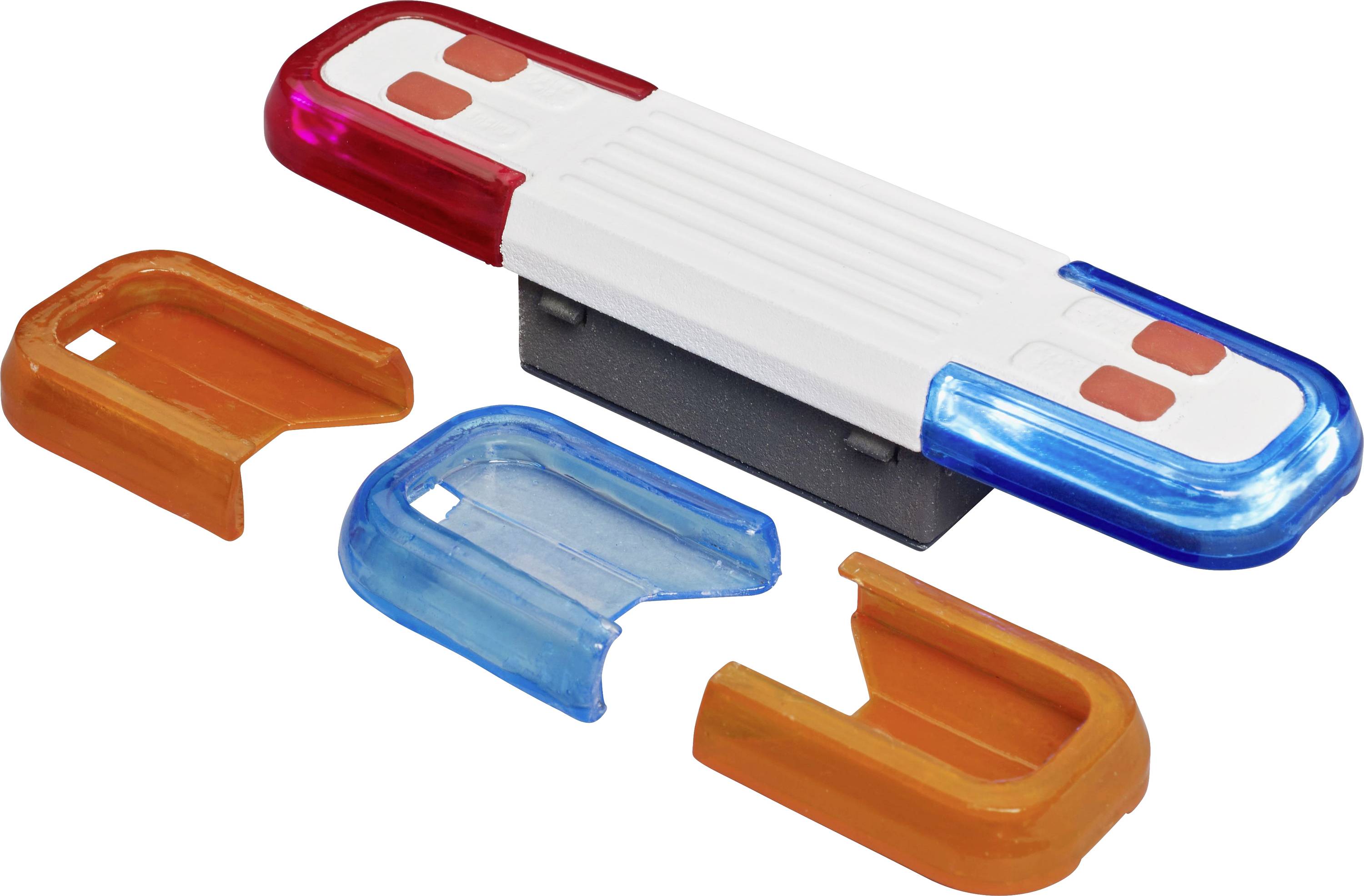 A LEGO police light assembly with interchangeable red, blue, and orange parts, used for building custom emergency vehicles.