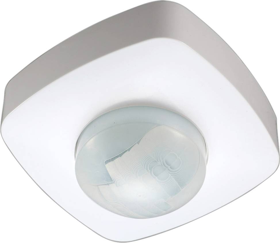 A white ceiling-mounted motion sensor with a circular lens, used for detecting movement to control lighting automatically.