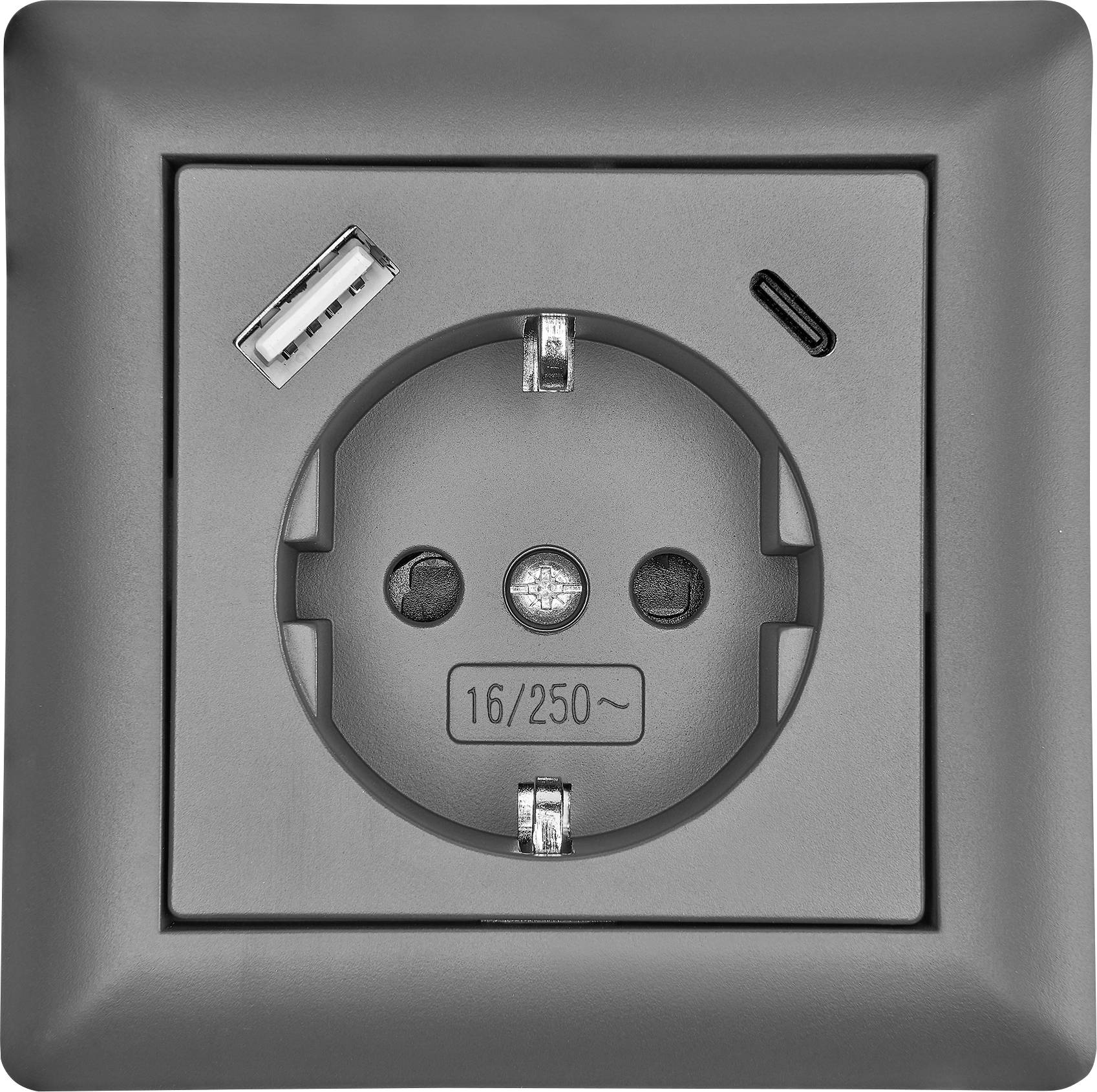 A black electrical socket with USB and USB-C ports labeled 16/250V.