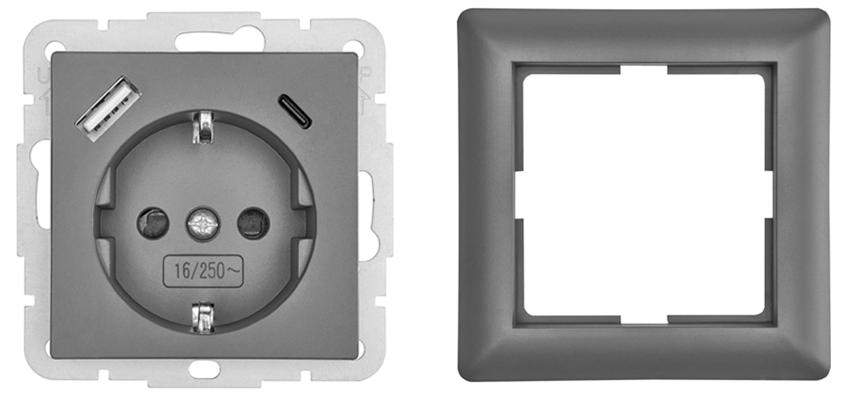 Two-part electrical wall socket: left shows a circular outlet with two USB ports; right shows a matching square frame cover.