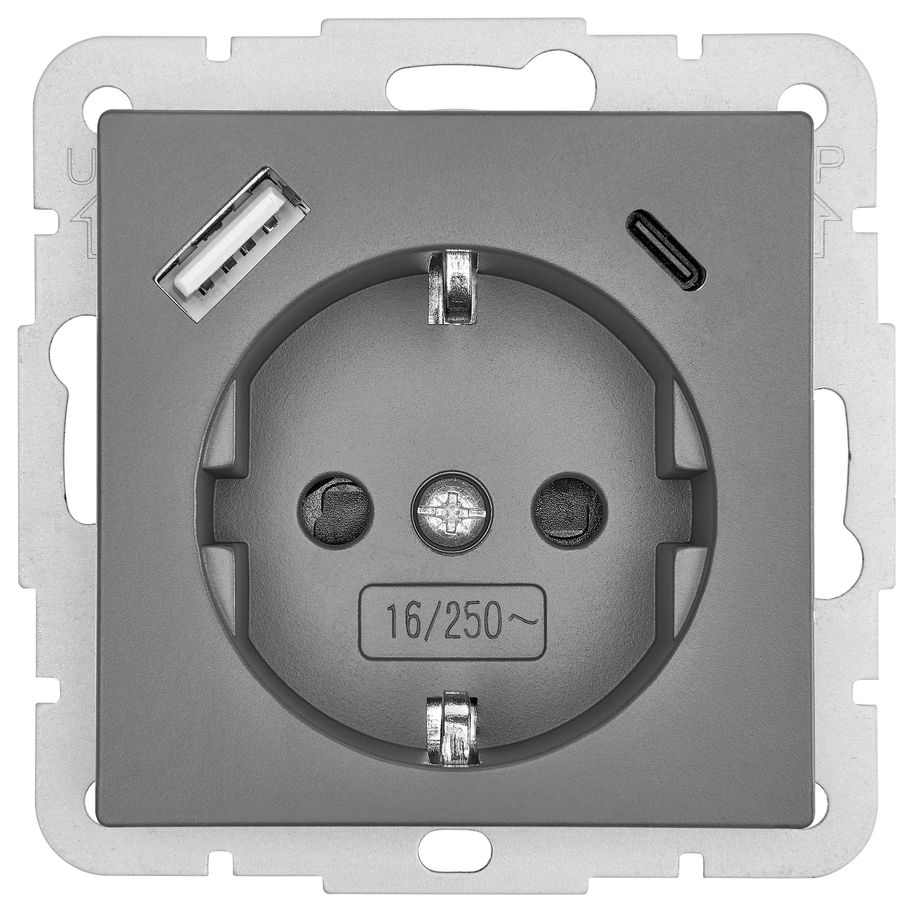 A wall power socket with a central round plug, a USB Type-A slot on the left, and a USB Type-C slot on the right, labeled '16/250~'.