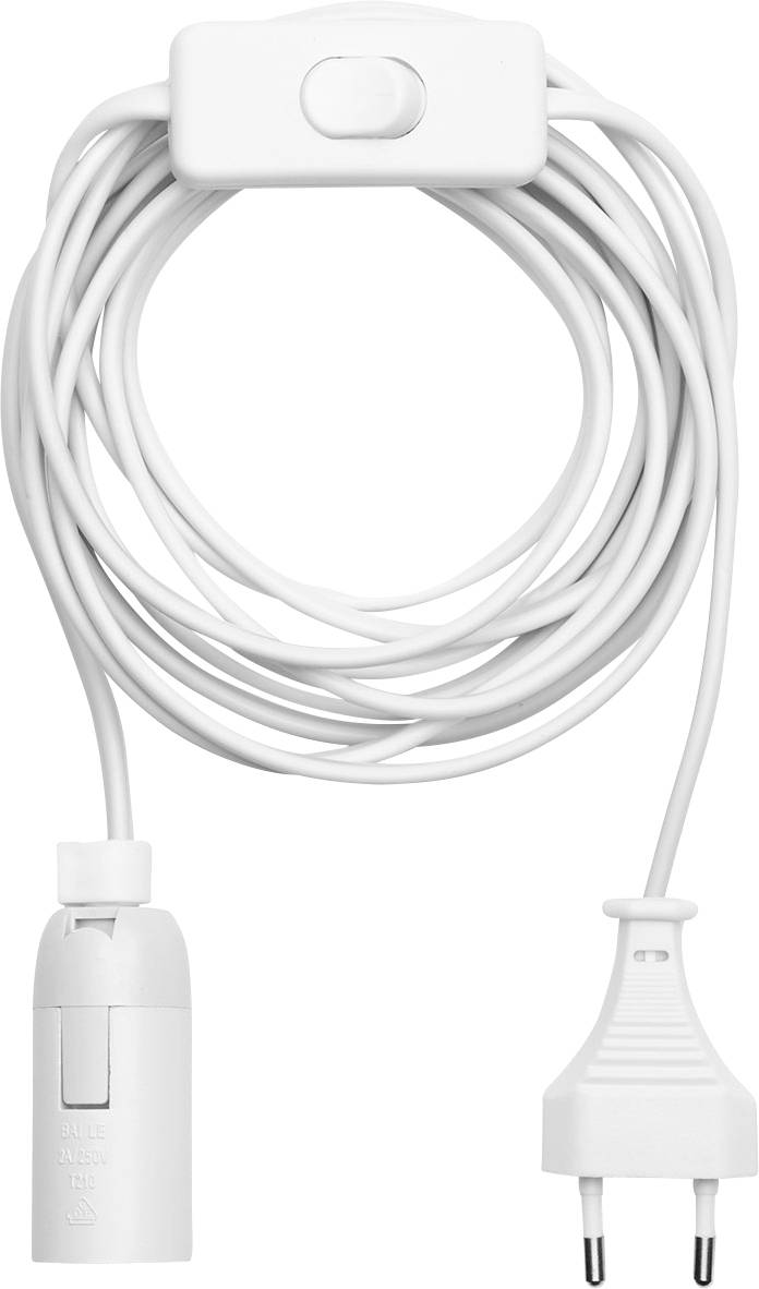 A white electrical cord with a two-prong plug and a switch. The cord is neatly coiled, highlighting its length and flexible design.