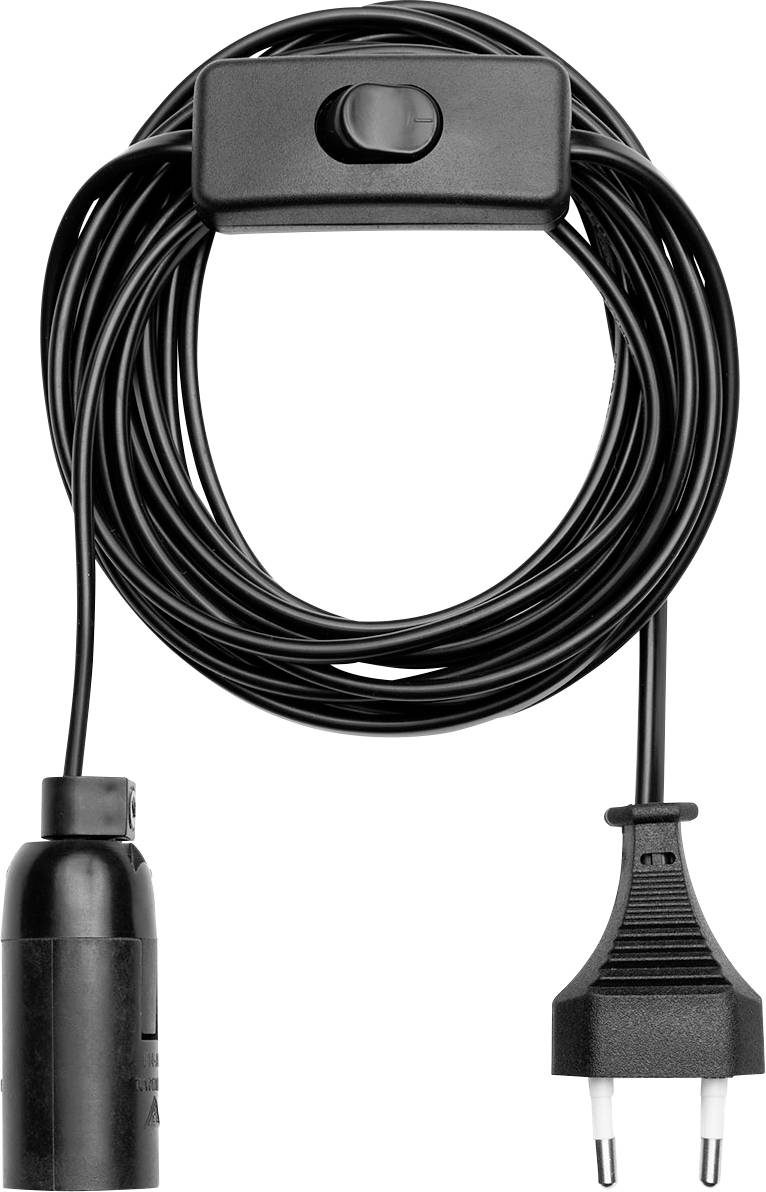 A coiled black electrical cord with an inline switch and a European plug, designed for powering electronic devices.